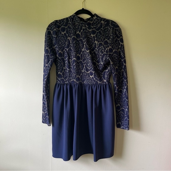 Altard State Navy Floral High Neck Dress Open Back M Long Sleeve - Picture 1 of 8